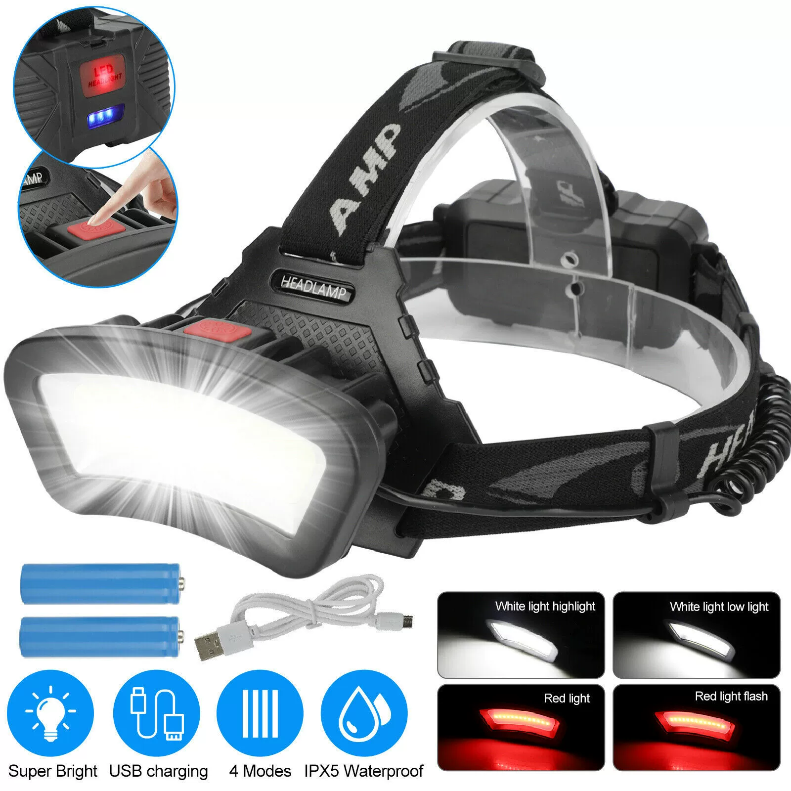 Трансграничная COB сильная световая фара USB-зарядка с фиксированным фокусом дисплей мощности фара Хвост красный свет предупреждающая фара