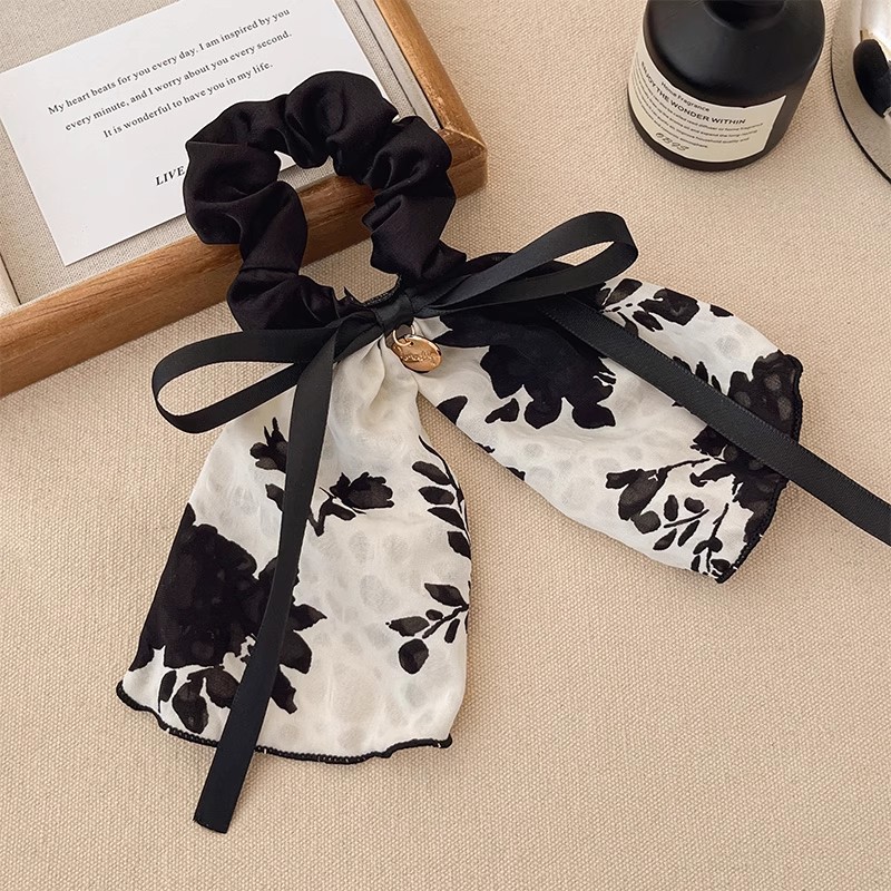 Retro francés negro flor triturada arco intestino grueso anillo de cabello de cola de caballo baja cuerda de cabello para mujeres 2025 nuevo flotante flores de cabeza