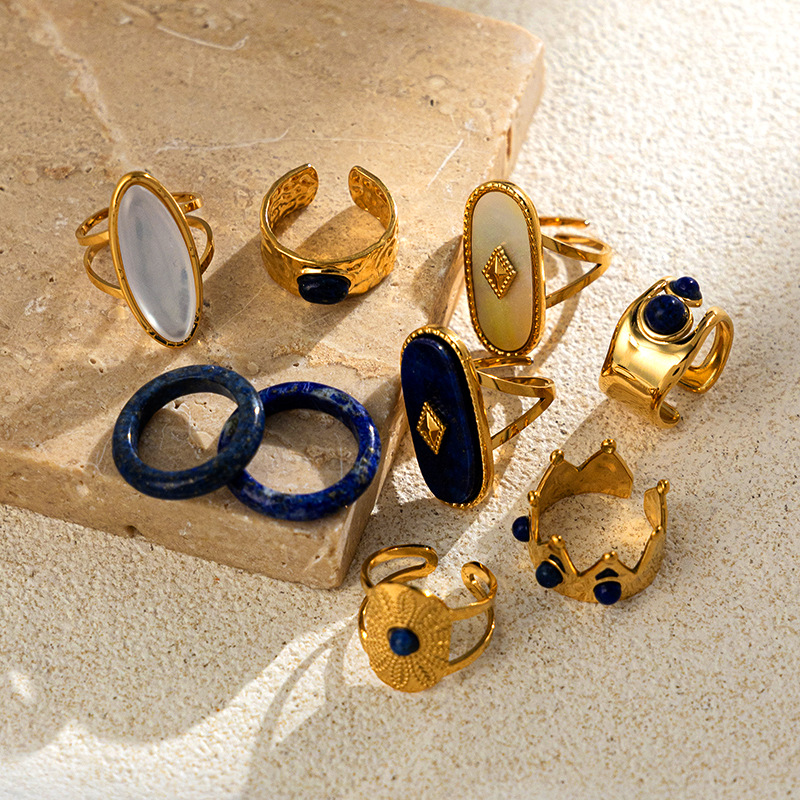 Anillo de lapis lazuli de acero inoxidable europeo y americano de alta calidad, anillo exagerado de explosión transfronteriza, joyería de acero de titanio no desvanecida