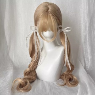 Wig for Women 80cm Long Curly Hair with Bangs Sweet Lolita Natural Milk Tea White Golden Girl Same Style Full Headgear
