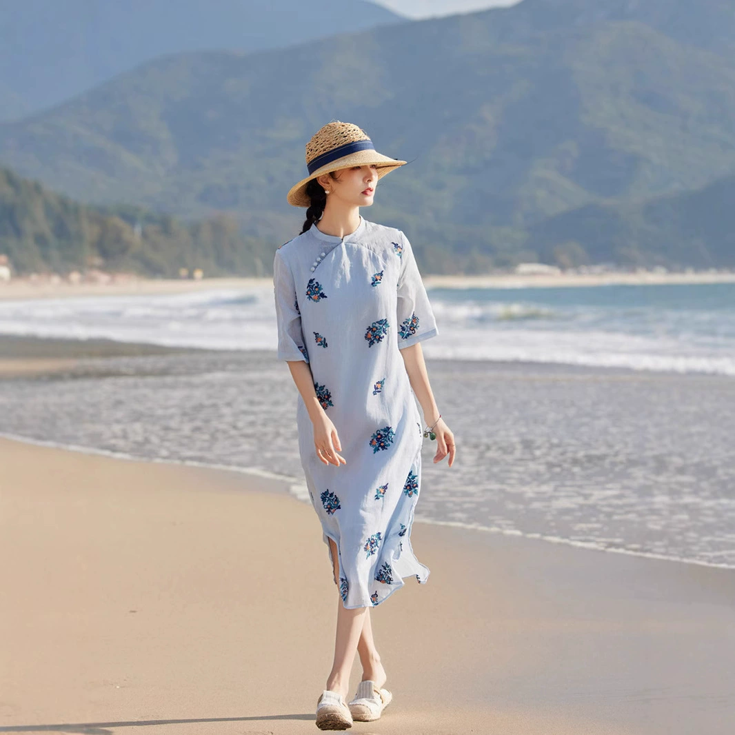 2025 весна и лето новый рами вышитая женская одежда путешествия литературный воротник средний рукав платье средней длиной женский