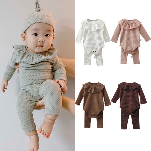 Newborn crawling clothes for men and women, European and American style cotton polka-dot long-sleeved trousers, infant and toddler split two-piece set