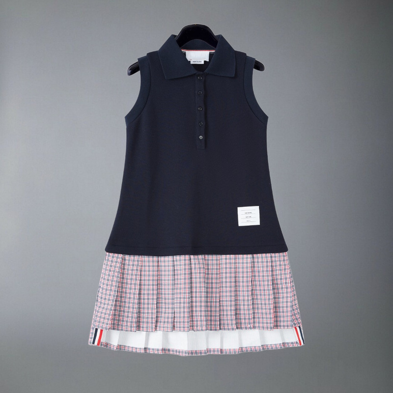 Nanyou High-End Tb Plaid Patchwork Sleeveless Vest Pleated Dress for Women, Summer Polo Collar Short Dress for Petite Figures