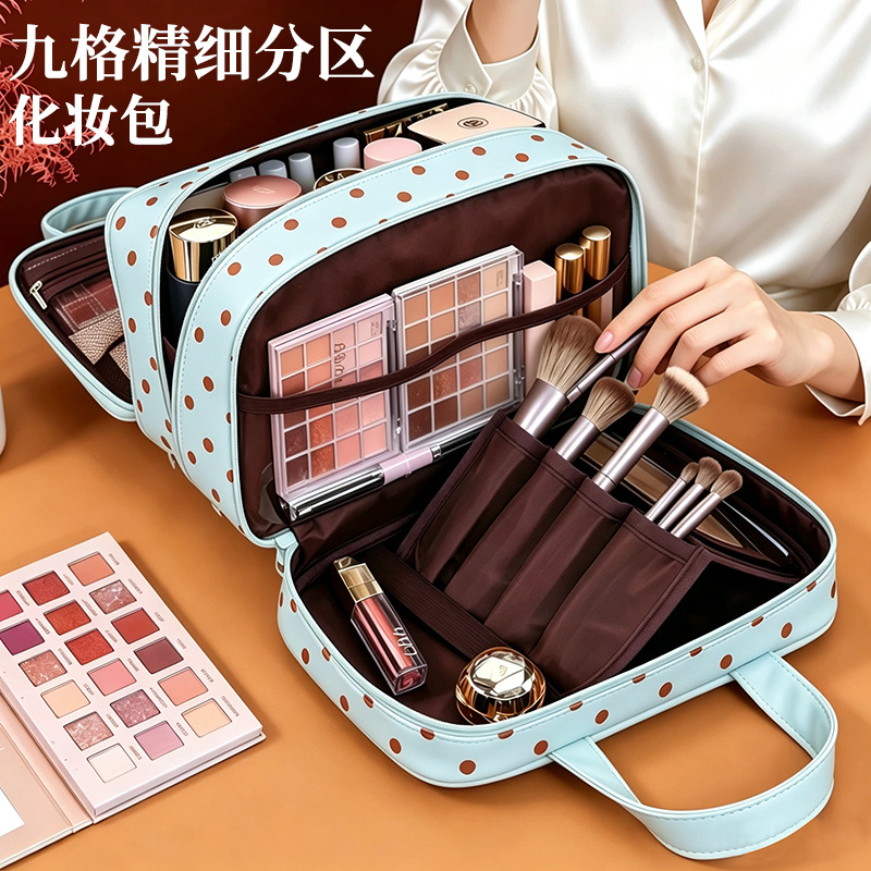 Mint green polka dot makeup bag, large capacity portable toiletry bag for travel, three-layer partitioned waterproof cosmetic storage bag