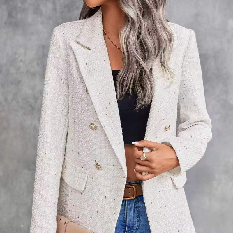 In-Stock 2026 New European and American Style Tweed Double-Breasted Blazer for Women, Slim Fit, Flattering, Versatile