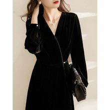 [SQC584055AG]笑涵阁 经典小黑裙赫本复古真丝丝绒气质连衣裙