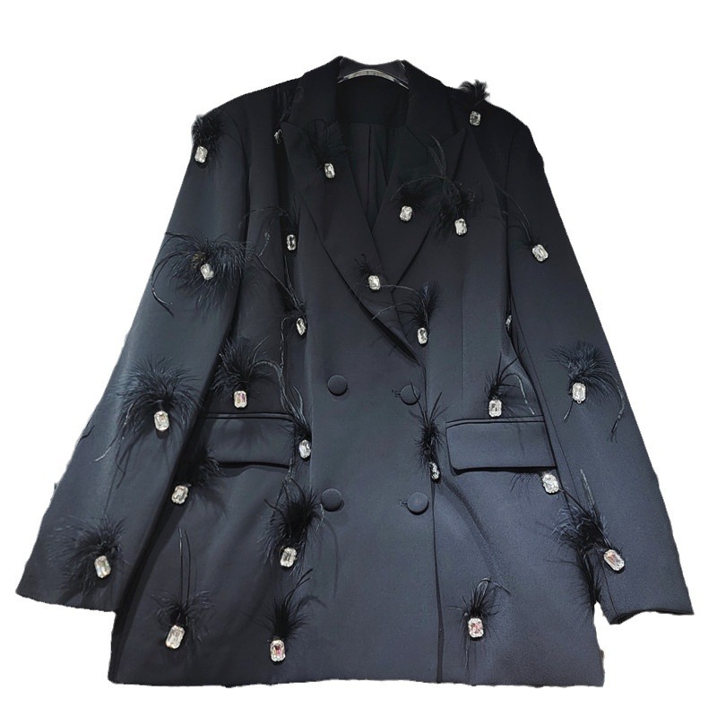 Damenbekleidung Hochwertiges französisches Design mit Strass-Nähten und Federn, zweireihig, lockere Anzugjacke aus Straußenfedern_voghion.com
