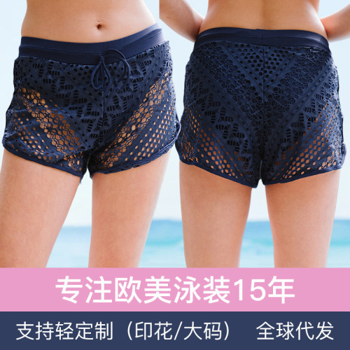 European and American cross-border lace double-layer swimming trunks women's 2026 boxer swimming pants hollow solid color square corner swimming shorts wholesale