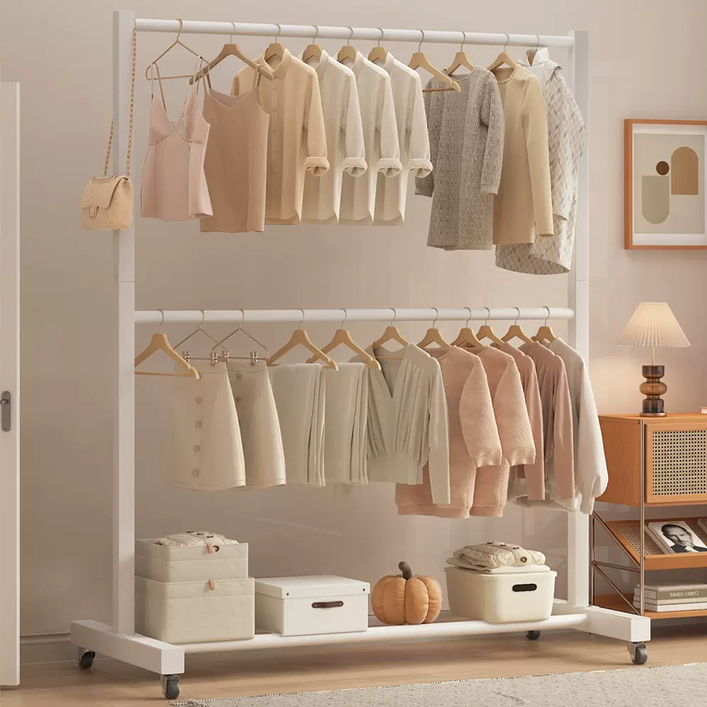 衣架落地卧室奶油风移动双层衣帽架客厅临时放衣服收纳挂衣架子