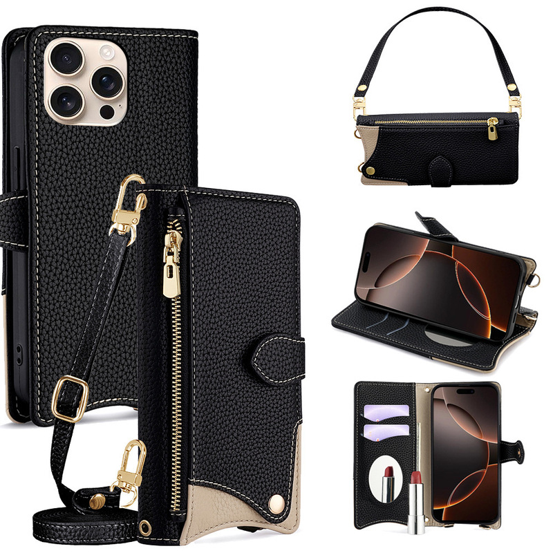 Suitable for iPhone Air Flip Phone Leather Case 16, Apple 15 Pro Wrist Strap Cord 17E Crossbody Phone Case 13