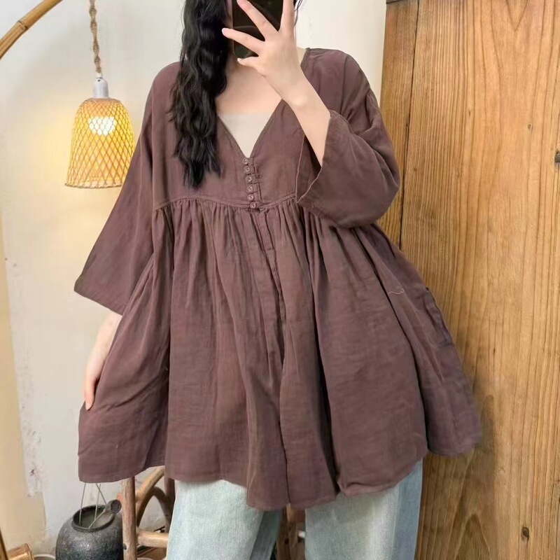 Retro Literary Double-Layer Cotton Gauze Babydoll Shirt for Women in Autum New Loose and Versatile Age-Reducing V Neck Three-Quarter Sleeve Top for Women Retro Literary Double-Layer Cotton Gauze Babydoll Shirt for Women in Autum New Loose and Versatile Age-Reducing V Neck Three-Quarter Sleeve Top for Women
