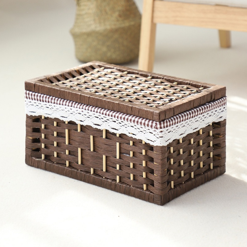 Cesta de almacenamiento de tejido de caña con cubierta de bambú rectangular caja de almacenamiento doméstica tela de mano tela de tela de