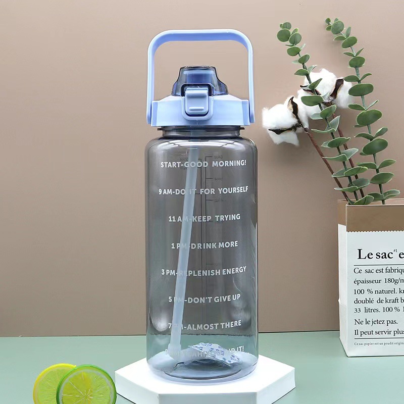2000ml plastic space cup with time scale, straight cylinder, large capacity, outdoor sports water bottle, transparent spring lid water cup pic 2
