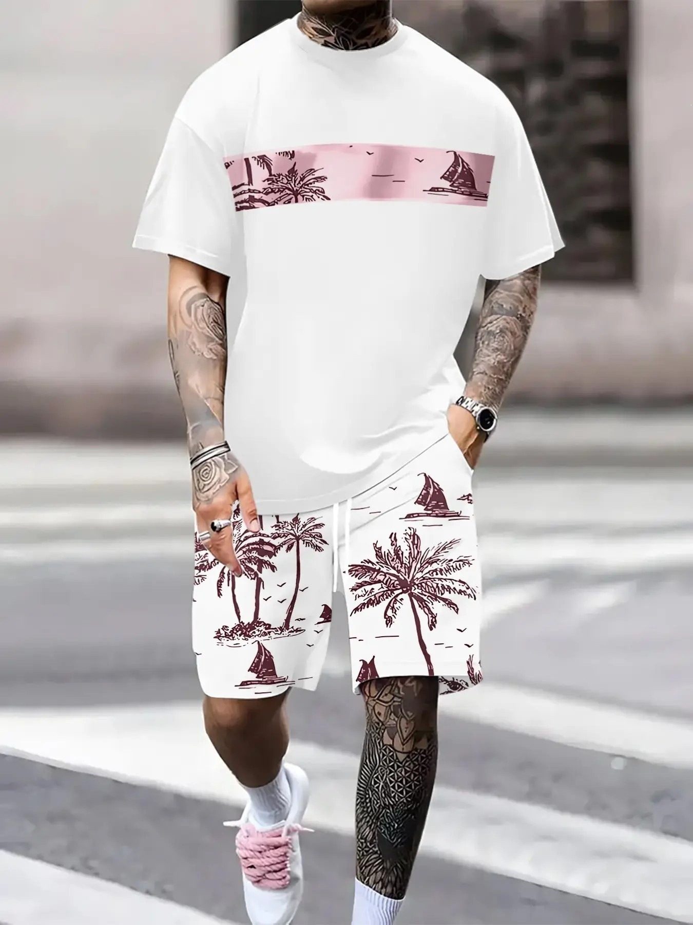 Summer 3D Sailboat Print Men's Suit Casual Loose Fit Versatile Comfortable Everyday Wear_viptrois.com