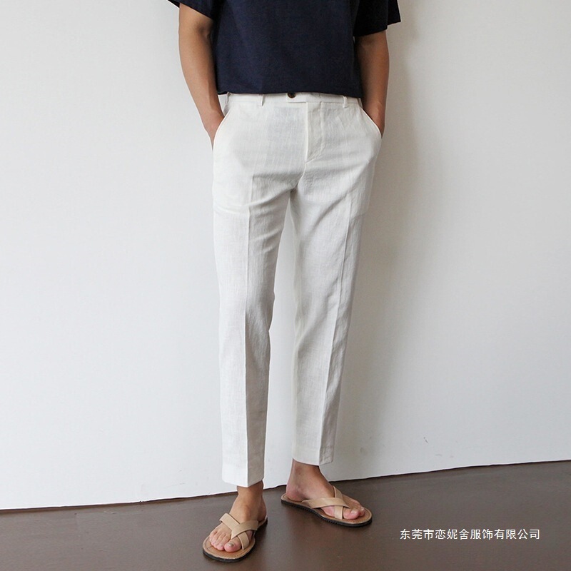 Linen Trousers Men's White Cotton and Linen Nine-Point Pants Men's Casual Pants Breathable Suit Pants Straight Large Size