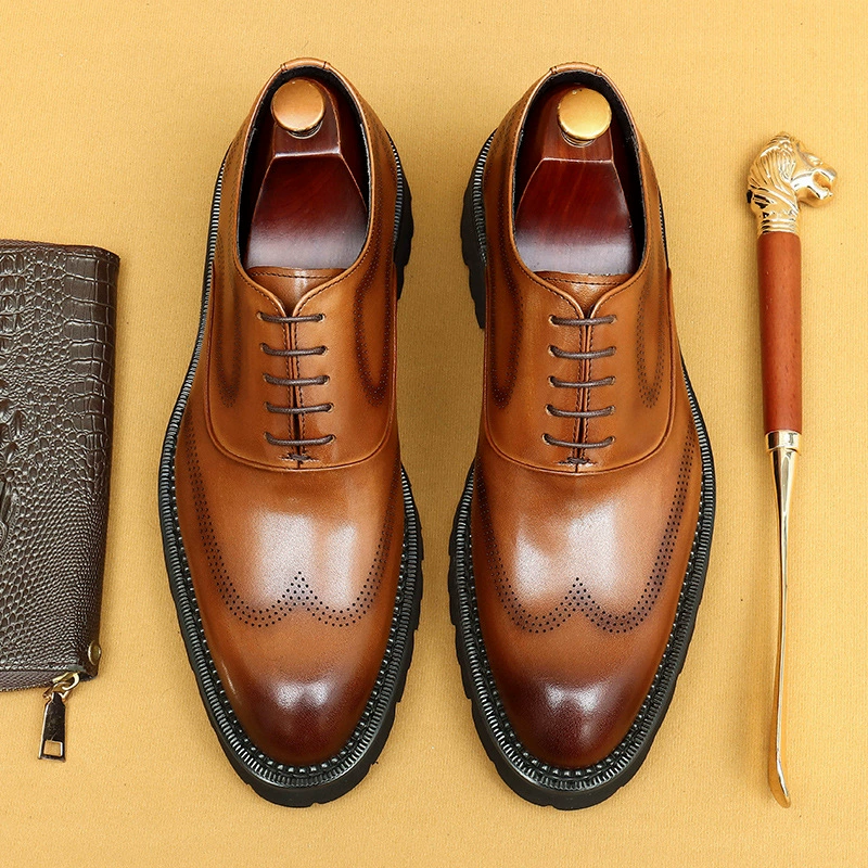 [Vip эксклюзивная] мужская кожаная обувь для бизнеса повседневная толстая подошва увеличила свадебную обувь с резной блок
