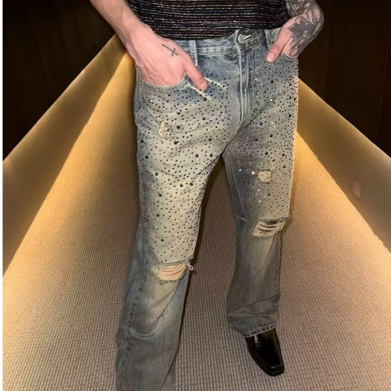 European Style Light Luxury Men's Spring and Summer Stretch Slim Straight Jeans Trendy Jeans with Rhinestones High-End Luxury