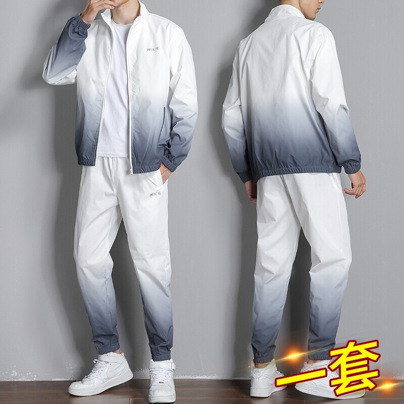 Primavera y otoño suéter de color gradiente ropa deportiva masculina primavera ropa de trabajo de moda abrigo de cuello de pie casual hombre conjunto de dos piezas transfronterizo