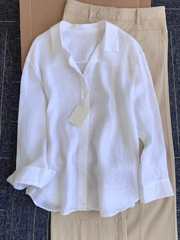 French White Linen Shirt Jacket for Women 2025 Early Spring New Loose Elegant Old Money Style Classy Cotton and Linen Shirt
