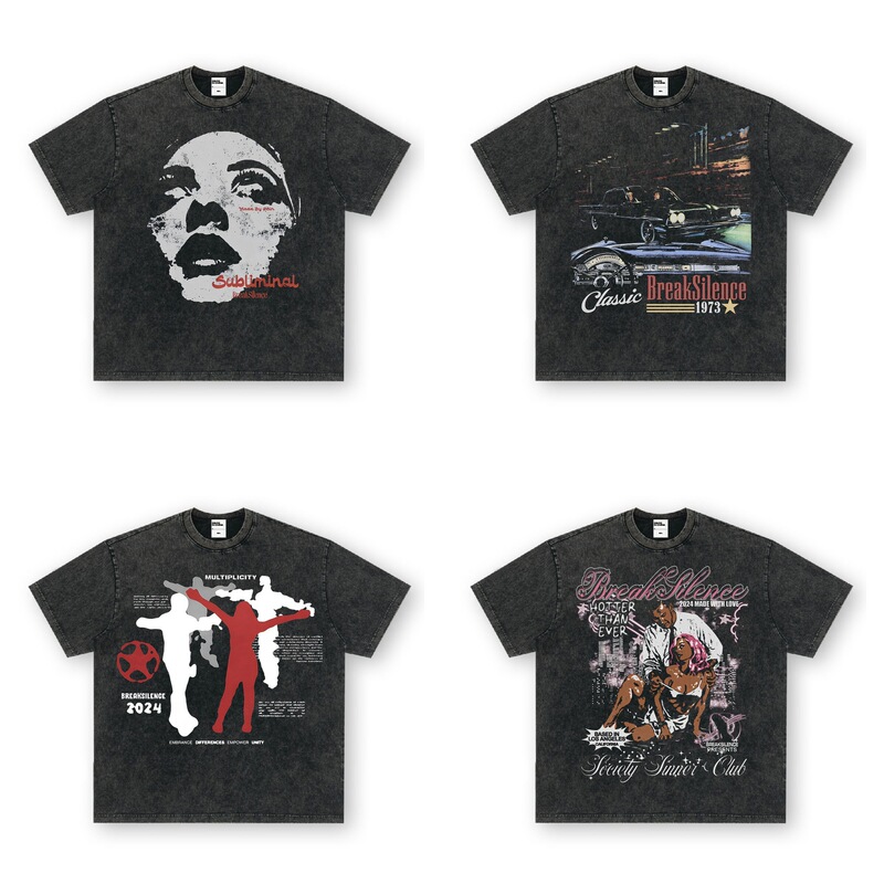 Anime Retro Heavyweight T-Shirt Street Hip-Hop Vintage Print Couple Short-Sleeve European and American Style Washed Sweet and Fresh