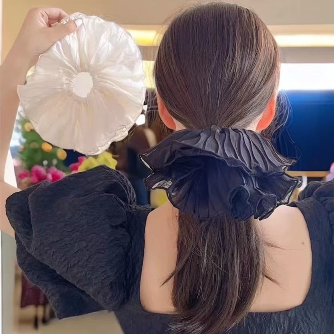 韓國褶皺超大發圈大腸高級感扎馬尾頭繩頭花百搭髮飾簡約發繩頭飾