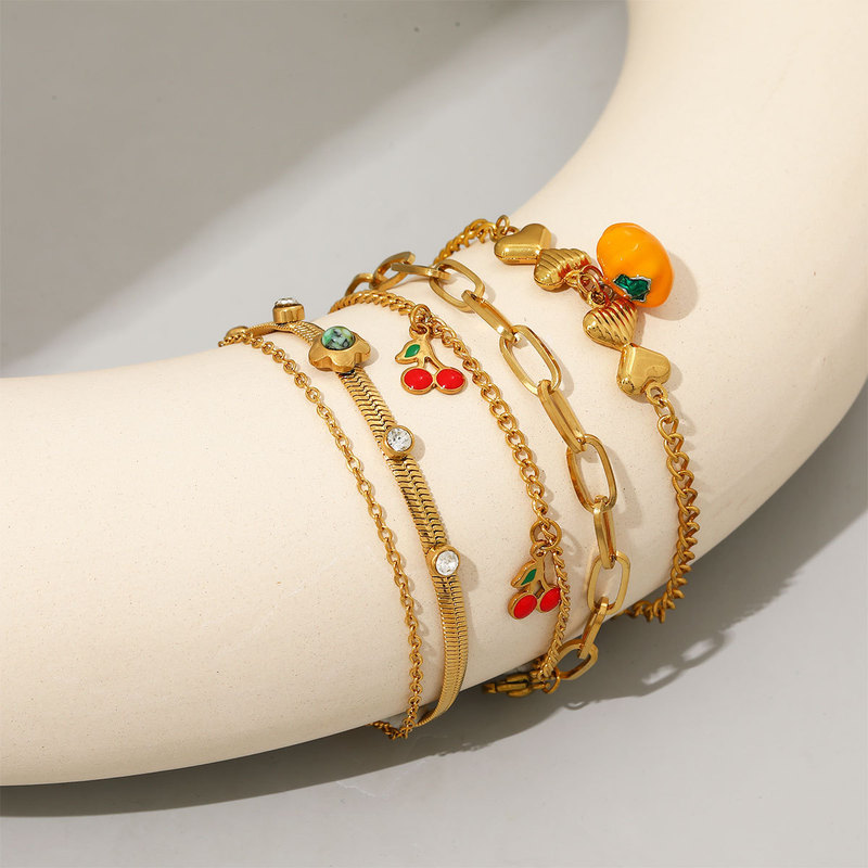Stainless Steel Cherry Bracelet, Fresh and Versatile Style, Diamond-Encrusted Bracelet for Women, Persimmon Pendant, Titanium Steel Hand Jewelry, Direct Sales from the Manufacturer Stainless Steel Cherry Bracelet, Fresh and Versatile Style, Diamond-Encrusted Bracelet for Women, Persimmon Pendant, Titanium Steel Hand Jewelry, Direct Sales from the Manufacturer