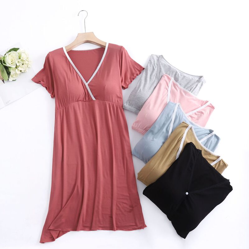 New Modal maternity skirt thin V-neck summer short-sleeved large-size moon dress pregnant woman nursing dress