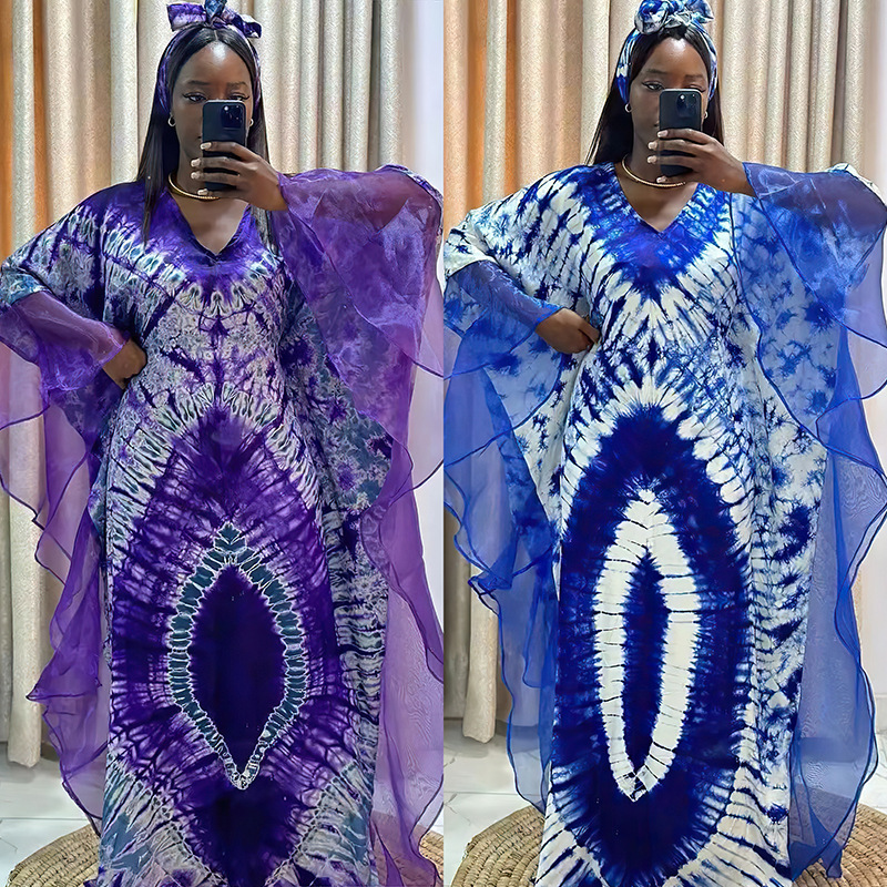 Cross-Border European and American Women's Clothing, African Ethnic Style Hot-Selling Long Robe, Mesh Printed Dress with Headscarf 9004