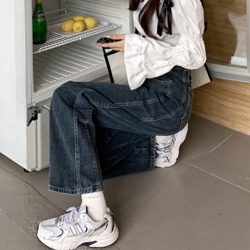 高腰复古小个子牛仔裤女2025年春秋新款半松紧腰显瘦直筒阔腿裤女