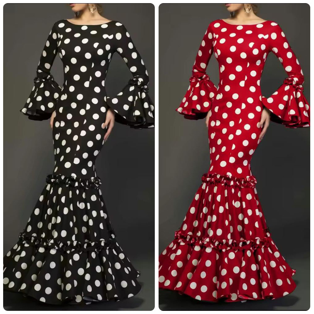 Comercio exterior Europa y América 2026 explosión punto ondulado cuerno mangas de cola de pez vestido retro borde de loto vestido de cintura de mujer image 1