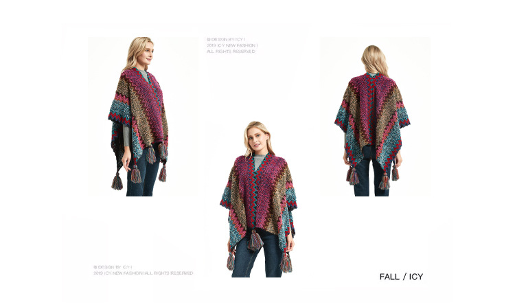 Unisex Ethnic style Yunnan travel hanging beard cape color knitted women's split cape_viptrois.com