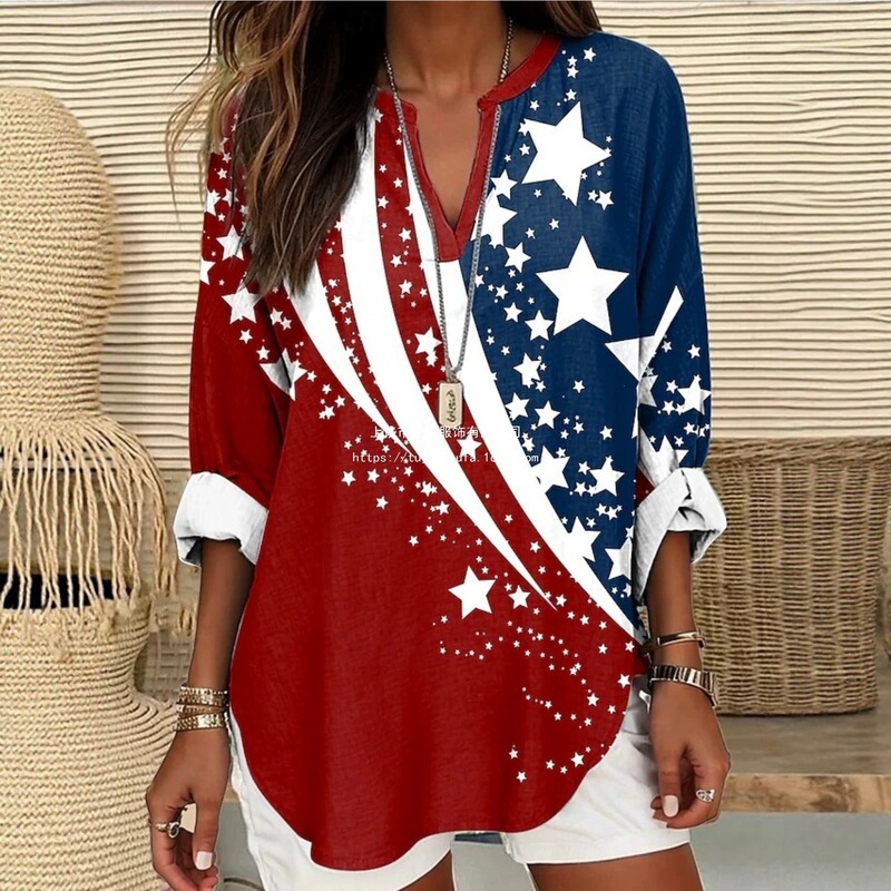 American-Style Red, White, and Blue Star Print Shirt for Women, V-Neck, Half-Button, Loose-Fitting, Vintage Casual Pullover Top