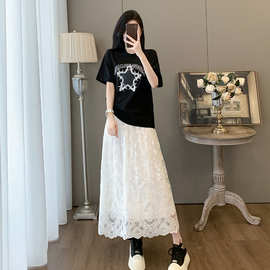 淑女气质时尚套裙女2026夏显瘦黑色短袖T恤网纱蕾丝半身裙两件套