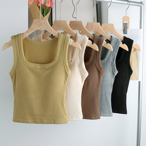 Women's knitted brushed thermal camisole with chest pad, square collar self-heating bottoming top for outer wear and inner wear wholesale