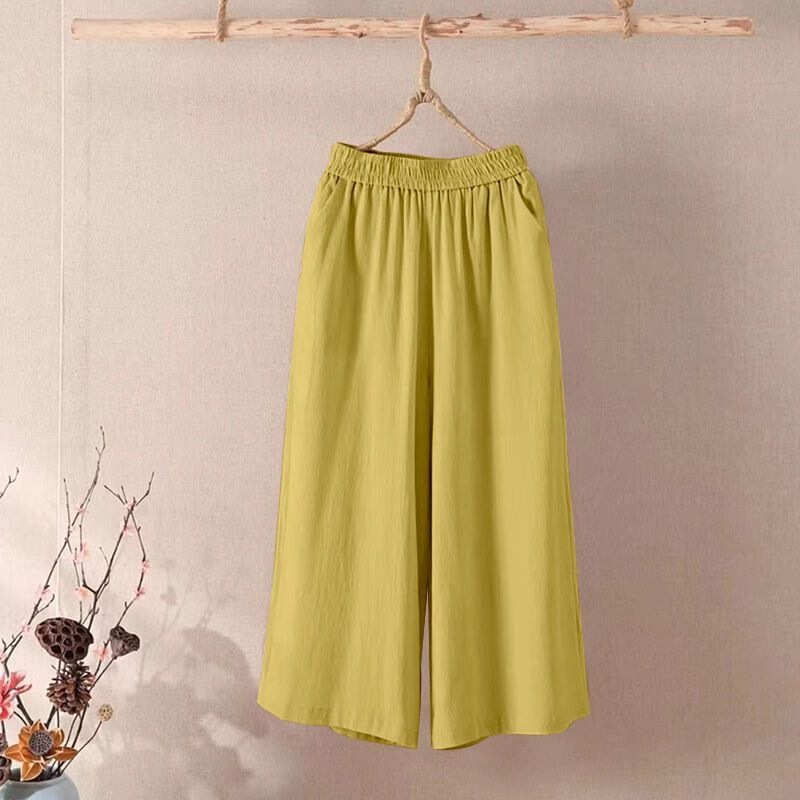 2025 Summer Casual Cotton and Linen Wide-Leg Pants Solid Color Plus-Size Women's New Loose Elastic Waist Cropped Pants for a Slimming Effect Trendy