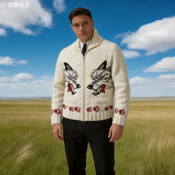 2026 New Style Wolf Head Jacquard Sweater Zip-Up Cardigan Thick Knit Jacket Unisex Wholesale