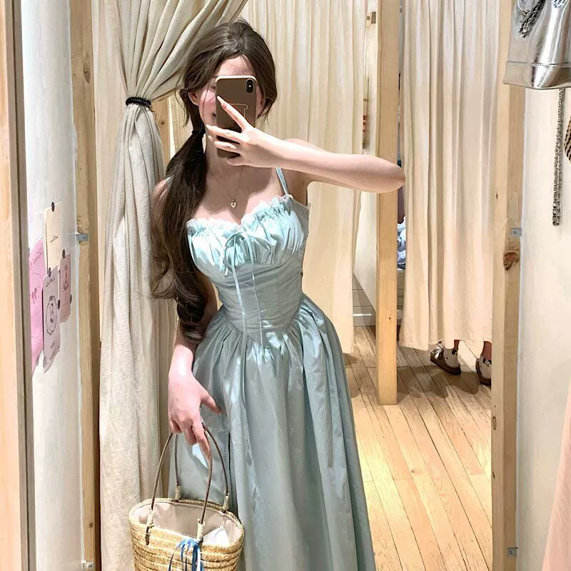 Ins стильная мятно-зеленая юбка для женщин, лето 2025, новый стиль, открытая спина, элегантная, супер сказочная длинная юбка, зеленая, другие подтяжки