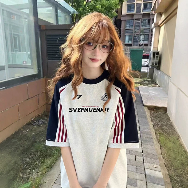 2026 Cotton American High Street Fashion Brand Design Raglan Short-Sleeve T-Shirt Ins Loose Korean Style College Half-Sleeve Top
