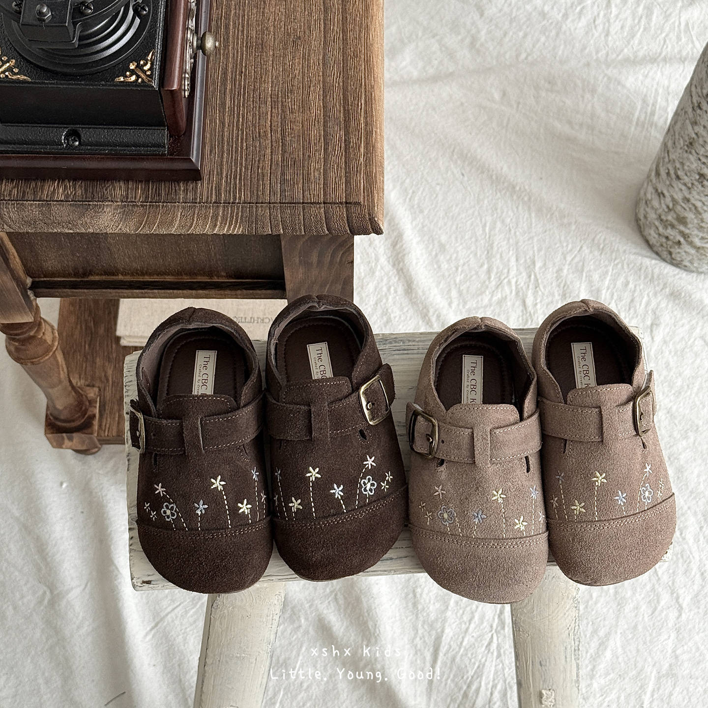 Xshx First Layer Cow Velvet Korean Style Burken Girls Embroidered Retro Wenzhou Children's Shoes Ethnic Bohemian Style Autumn Wide Head