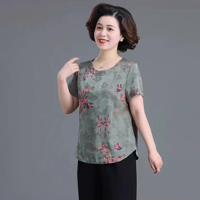 Silk summer clothing for mother, sleeves, summer set, with short sleeve, western style