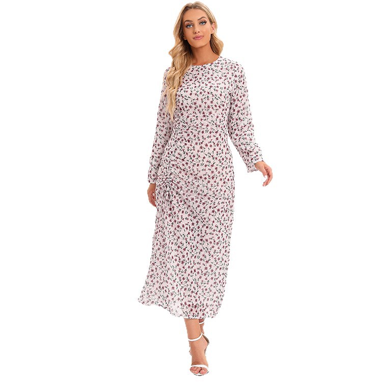 Floral Print Long Sleeve Maxi Dress Wrap Style with Drawstring Waist Chiffon Fabric for Women Size S to XXL_voghion.com
