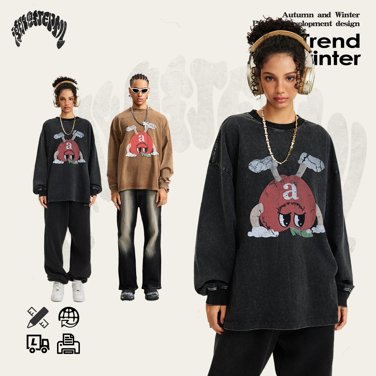 Impresora de marcas|| 2025 primavera y otoño estadounidenses lavado impresión invertida M豆 retro camiseta de algodón de manga larga hombre