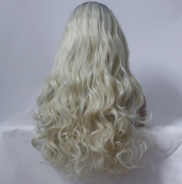 Peluca de moda europea y americana, color, degradado negro, beige, ondulado, cabello largo y rizado, gancho de media mano, encaje frontal de fibra química LW0032