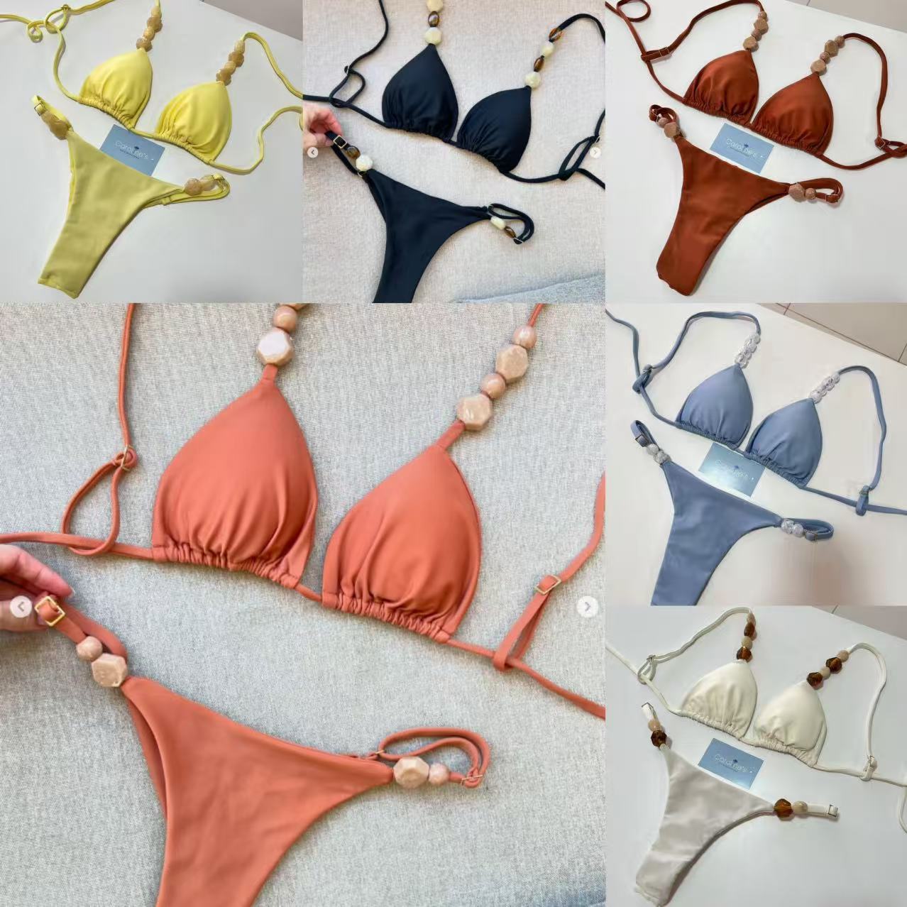 Women's High-End Fresh Split Bikini Solid Color Small Stone Accessory Design Hot Spring Resort Swimwear_voghion.com