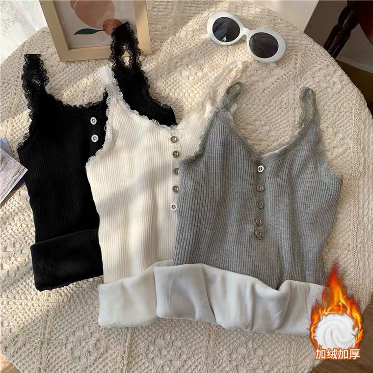 따뜻한 CAMISOLE 여성의 가을과 겨울 인테리어 기모 두꺼운 레이스 니트베이스 셔츠 디자인 센스 민소매 탑