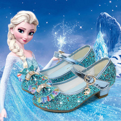 兒童高跟鞋子2023春季新款冰雪奇緣愛莎公主水晶鞋女童軟底皮鞋閃