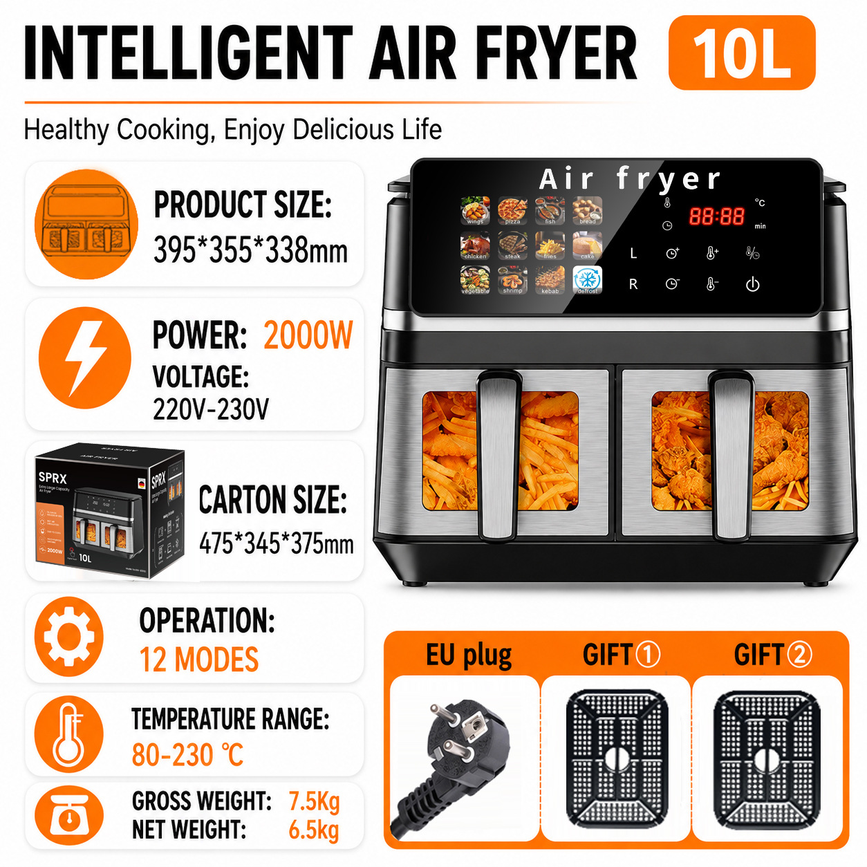 Friteuse à air en acier inoxydable 10L à écran tactile, 2000W haute puissance et circulation d'air chaud 3D (Prise EU)