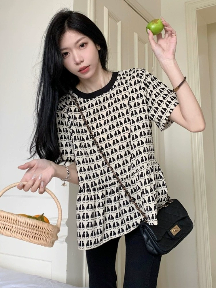 Женская летняя новая приталенная свободная футболка больших размеров с короткими рукавами, женская рубашка, модный топ в Корейском стиле с дизайном для полных девушек