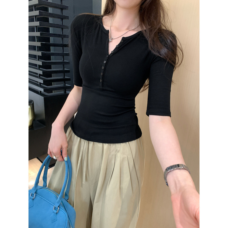 European Style Half-Breasted Right Shoulder Mid-Sleeve T-Shirt for Women Summer 2025 New Slim Fit and Beautiful Three-Quarter Sleeve Top for Women