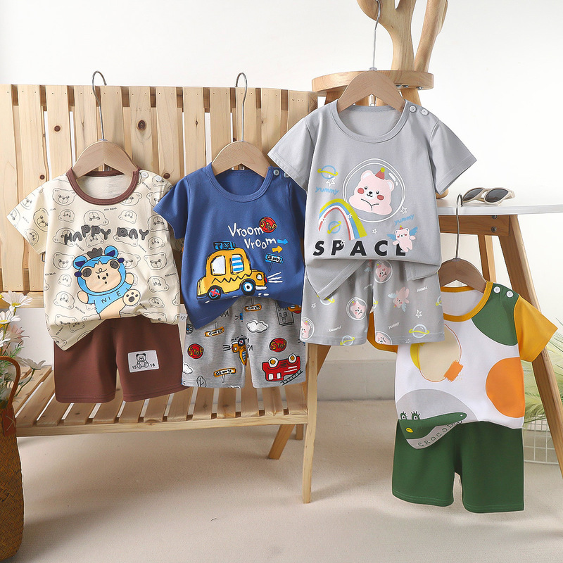 2026 Kidsren's Short-Sleeved Suit Summer Pure Cotton New Style Girls' T-Shirt Summer Clothes Boys' Clothes Thin Baby Kidsren's Clothing